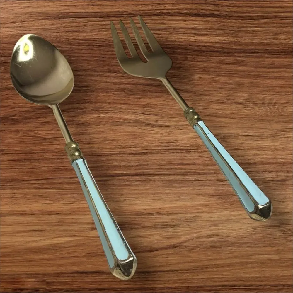Vintage Serving Spoon & Fork Set Gold Tone Brass Handles MCM Hollywood Regency